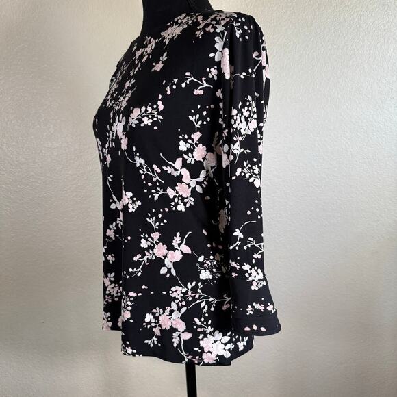 NWT Karl Lagerfeld Paris Black Blouse Shirt Pink Floral Bell Sleeve Women XS - Picture 5 of 13